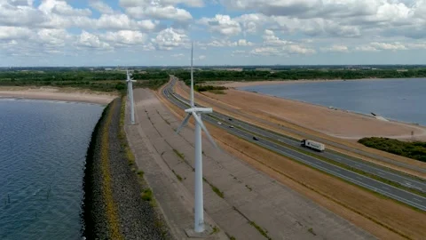 Aerial view of clean power generating wind turbines. 스톡 동영상 275269415