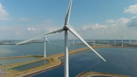 Aerial view of clean power generating wind turbines. Video stock 275274254