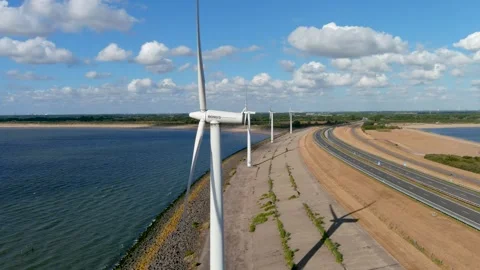 Aerial view of clean power generating wind turbines. Stock-Footage 275277586