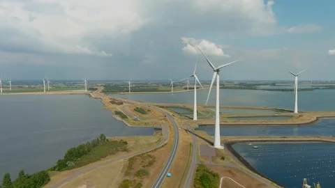 Aerial view of clean power generating wind turbines. Stock-Footage 275290046