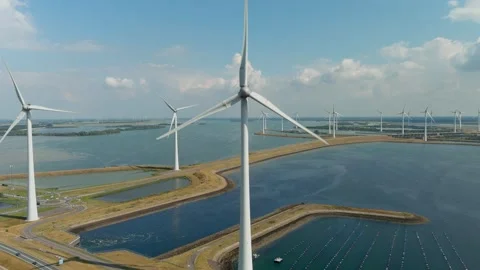 Aerial view of clean power generating wind turbines. Video stock 275296446