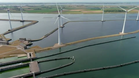 Aerial view of clean power generating wind turbines. 스톡 동영상 275335778