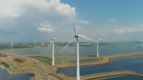 Aerial view of clean power generating wind turbines. Stock-Footage 275339084