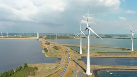 Aerial view of clean power generating wind turbines. 스톡 동영상 275432491