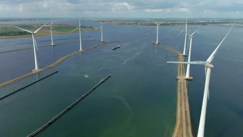 Aerial view of clean power generating wind turbines. Stock-Footage 275435964