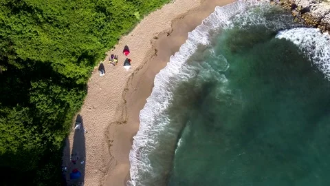 Aerial view of a clear beach. camp on a beach. Stock Footage 144592124
