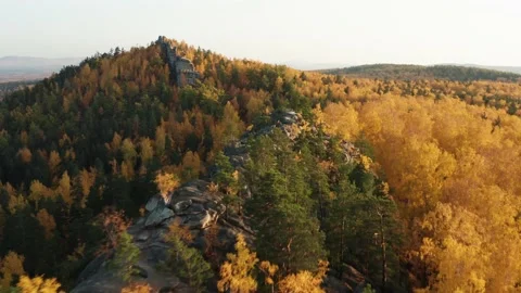 Aerial view of a cliff surrounded by a colorful autumn forest at sunset Stock Footage 146938375