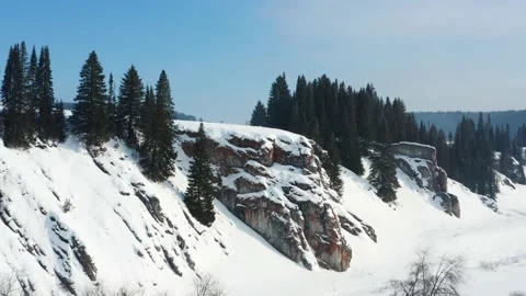 Aerial view of the cliff with trees in winter Stock Footage 150915826
