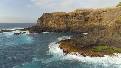 Aerial view of cliffs and Atlantic ocean on Tenerife, drone shot from above Stock Footage 97713889