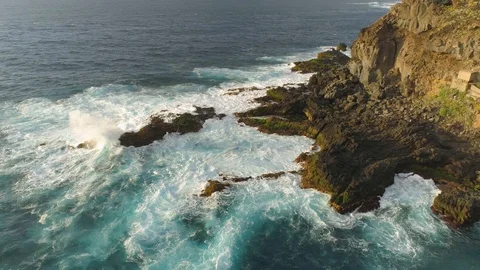 Aerial view of cliffs and Atlantic ocean on Tenerife, drone shot from above Stock Footage 97715480