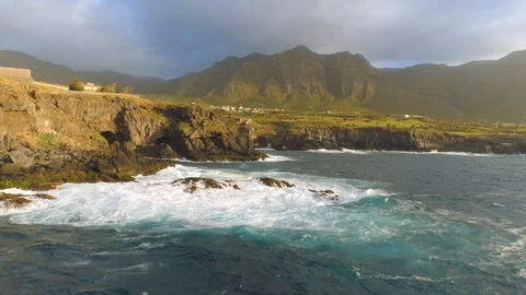 Aerial view of cliffs and Atlantic ocean on Tenerife, drone shot from above Stock Footage 97716064