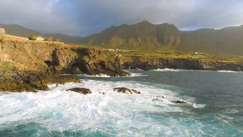 Aerial view of cliffs and Atlantic ocean on Tenerife, drone shot from above Stock Footage 97716245
