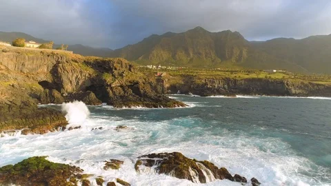 Aerial view of cliffs and Atlantic ocean on Tenerife, drone shot from above Stock Footage 97716496