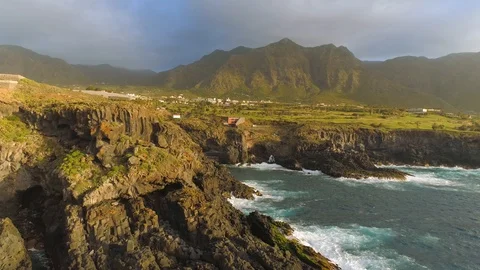 Aerial view of cliffs and Atlantic ocean on Tenerife, drone shot from above Stock Footage 97716938