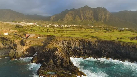 Aerial view of cliffs and Atlantic ocean on Tenerife, drone shot from above Stock Footage 97717229