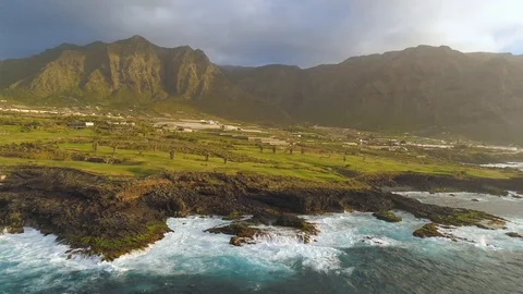 Aerial view of cliffs and Atlantic ocean on Tenerife, drone shot from above Stock Footage 97717819