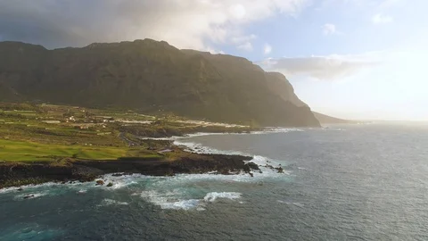 Aerial view of cliffs and Atlantic ocean on Tenerife, drone shot from above Stock Footage 97718072