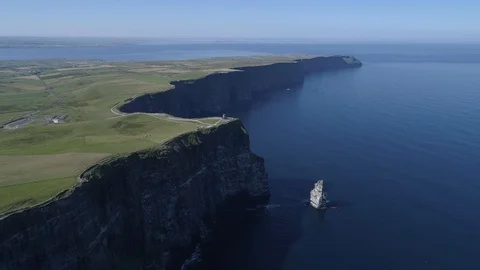 Aerial view of Cliffs of Moher with calm blue sea, Stock Footage