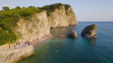 Aerial View of Cliffs with Small Beach and Rocks Near Sveti Nikola Island B.. Stock Photos