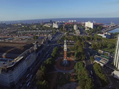 Aerial view of the clock at Retiro Railway Station. Buenos Aires, Argentina. Stock Footage 77809078