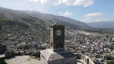 Aerial View of Clock Tower at the Castle of Gjirokaster, Albania.  스톡 동영상 153914850