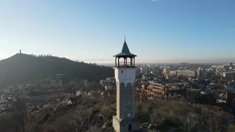 Aerial view of Clock Tower at center of City of Plovdiv, Bulgaria 스톡 동영상 172394159