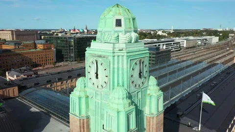Aerial view of the clock tower of the Helsinki Central Railway Station. Stock Footage 140466884