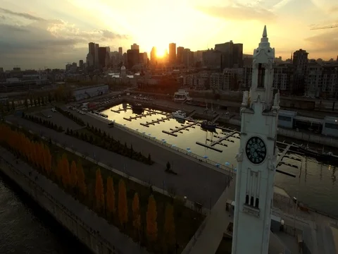Aerial view of the clock tower in Old Port Montreal. Canada. Shot in 4K. Stock Footage 77738452
