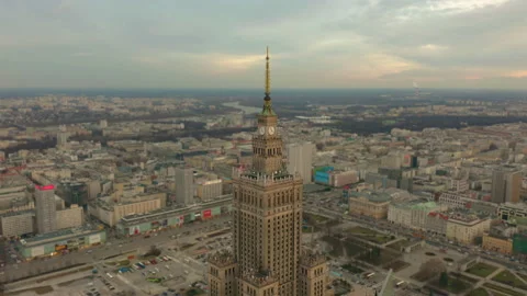 Aerial view of a clock tower of Palace of Culture and Science in Warsaw, Poland Stock-Footage 167154868