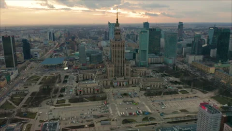 Aerial view of a clock tower of Palace of Culture and Science in Warsaw, Poland Stock-Footage 167304658