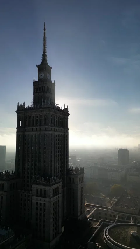 Aerial view of a clock tower of Palace of Culture and Science in Warsaw, Poland Stock Footage 265691747