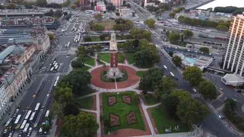 Aerial view of clock tower in park beside retiro train station in Buenos Stock Footage 194513337
