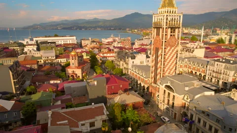 Aerial View Of The Clock Tower On Piazza Square With Sea View In Batumi, Georgia Video stock 236245754