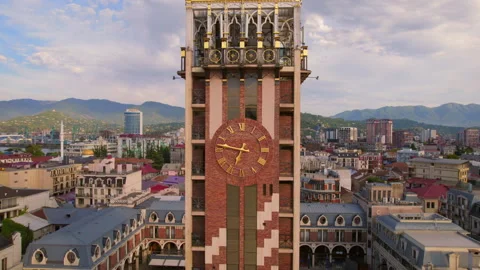 Aerial View Of Clock Tower At Piazza Square In Batumi, Georgia Video stock 236246614