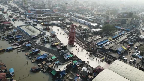 Aerial view of a clock tower situated in the center of the city situated in t Stock Footage 168481854
