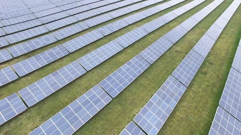 Aerial view  Close up flight over solar panels modules - solar park Stock Footage 75466907