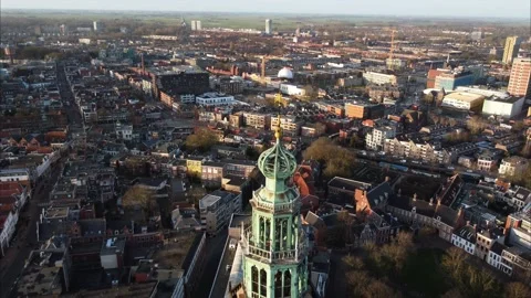 Aerial view close up of Martinitoren tower top.  One of Groningens landmark Video stock 171302641
