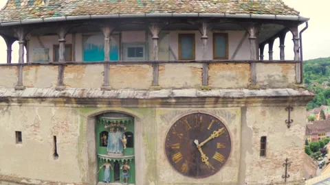 Aerial view close-up Sighisoara Clock Tower Stock Footage 146132916