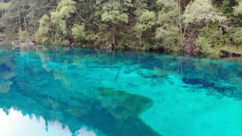 Aerial View of Close-up of Wucai Pool in Jiuzhaigou Sichuan China Stock-Footage 336883580