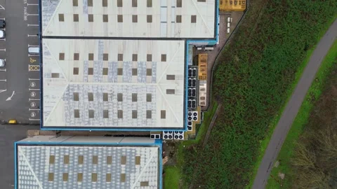 Aerial view of cloud computing infrastructure with rooftop fans UK Stock Footage 333283826