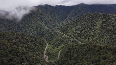 Aerial View of Cloud Forest and Mountain Road in Mindo Ecuador Stock Footage 336795755