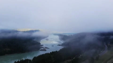Aerial View - Into the the cloud Over the River and forest Stock Footage 202107205