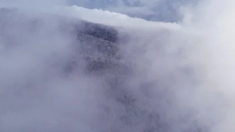 Aerial view in the clouds in the mountains above the snowy forest Stock Footage 122172944