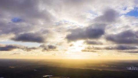 Aerial view clouds over forest. Aerial view of forest and clouds. Coastline.. Stock Photos