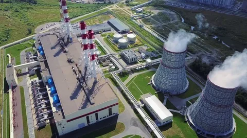 Aerial view of clouds of smoke and steam coming from Power Station in Russia Stock Footage 78051966