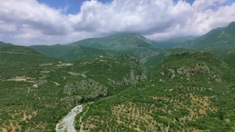 Aerial View of Cloudy Mountain Valley near Kardamyli, Greece Stock Footage 335872106
