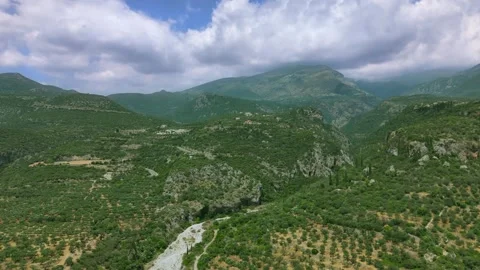 Aerial View of Cloudy Mountain Valley near Kardamyli, Greece Stock Footage 335872131