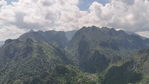Aerial View of Cloudy Sky Over Green Karst Mountain Range, Pha Ngern Laos Stock-Footage 347418218