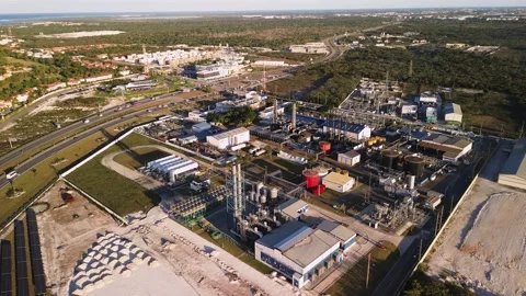 Aerial view of Coal-fired power station with solar panels. Dominican Republic Stock Footage 274374723