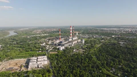 Aerial view of coal fired power plant generating electricity Stock Footage 344879384